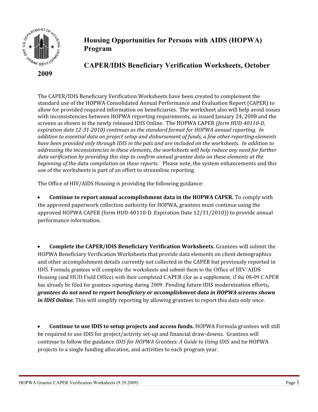 HOPWA CAPER/IDIS Beneficiary Verification