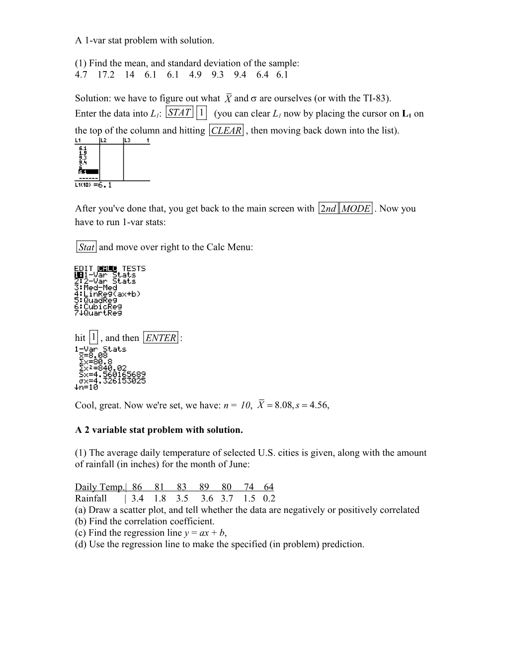 A 2 Variable Stat Problem with Solution