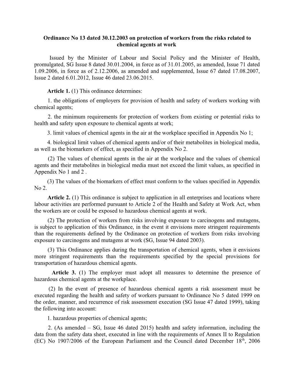 Ordinance No 13 Dated 30.12.2003 Onprotection of Workers from the Risks Related to Chemical