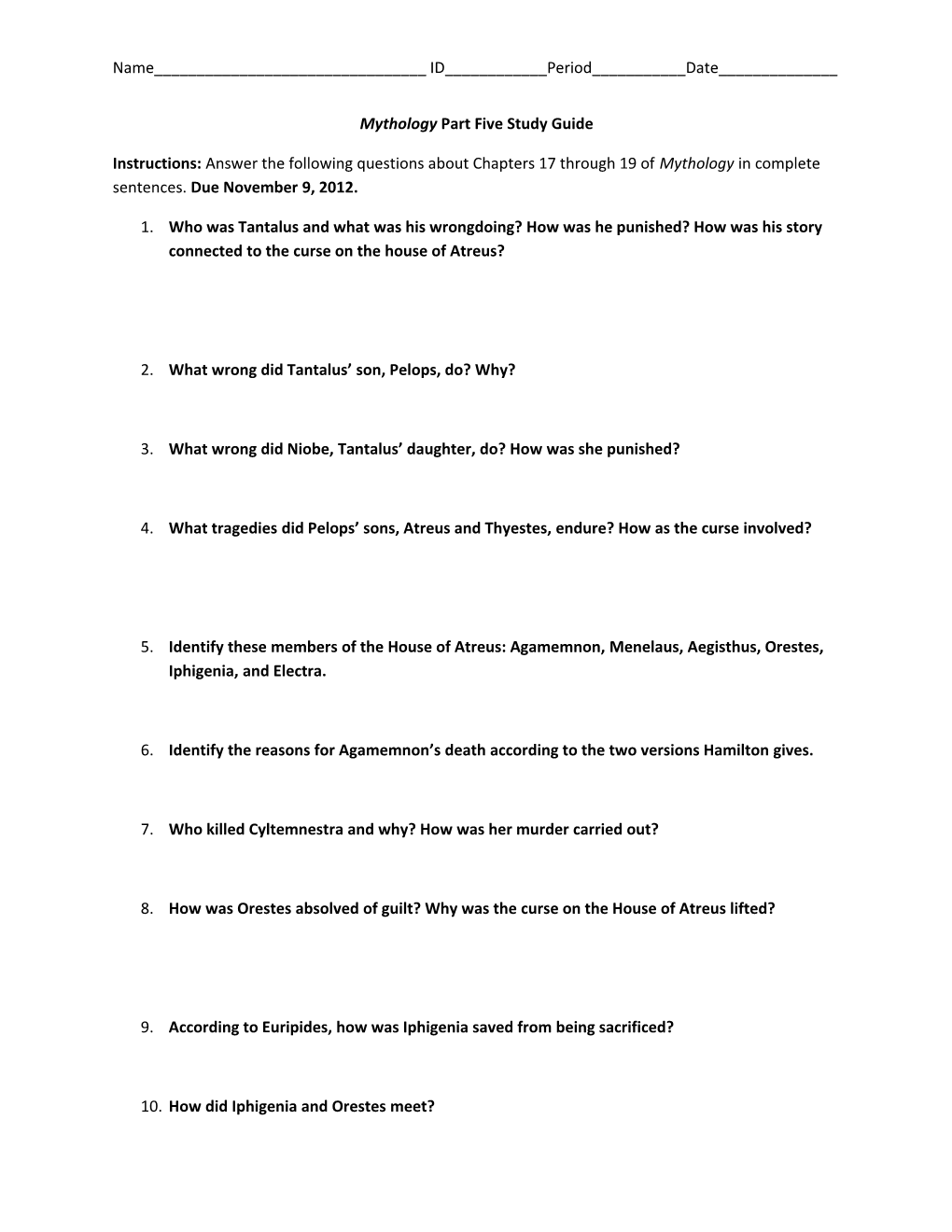 Mythologypart Five Study Guide