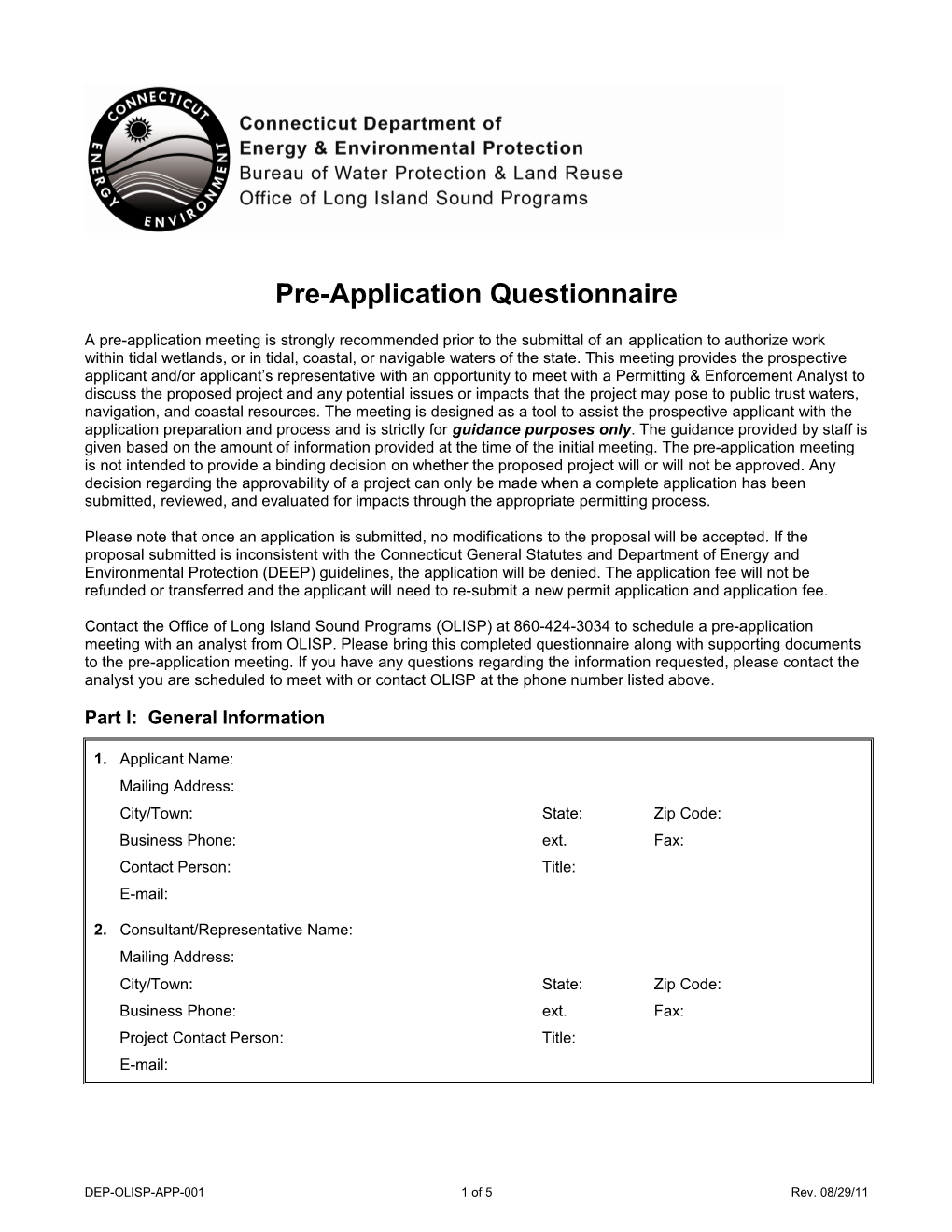 Office of Long Island Sound Programs Pre-Application Questionnaire - Word Fillable Version