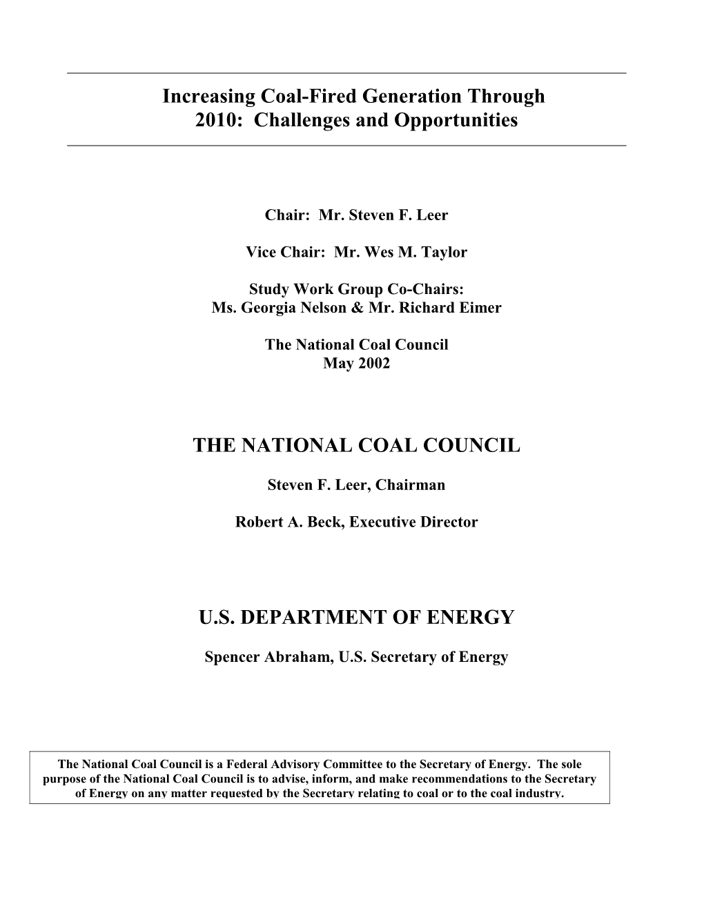 The National Coal Council Report Increasing Electricity Available from Coal-Fired Generation