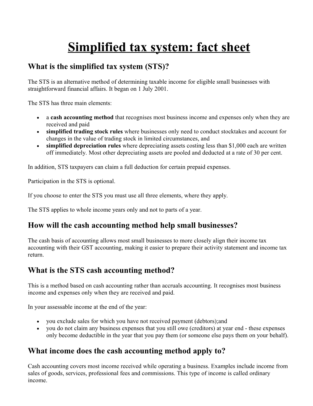 Simplified Tax System: Fact Sheet