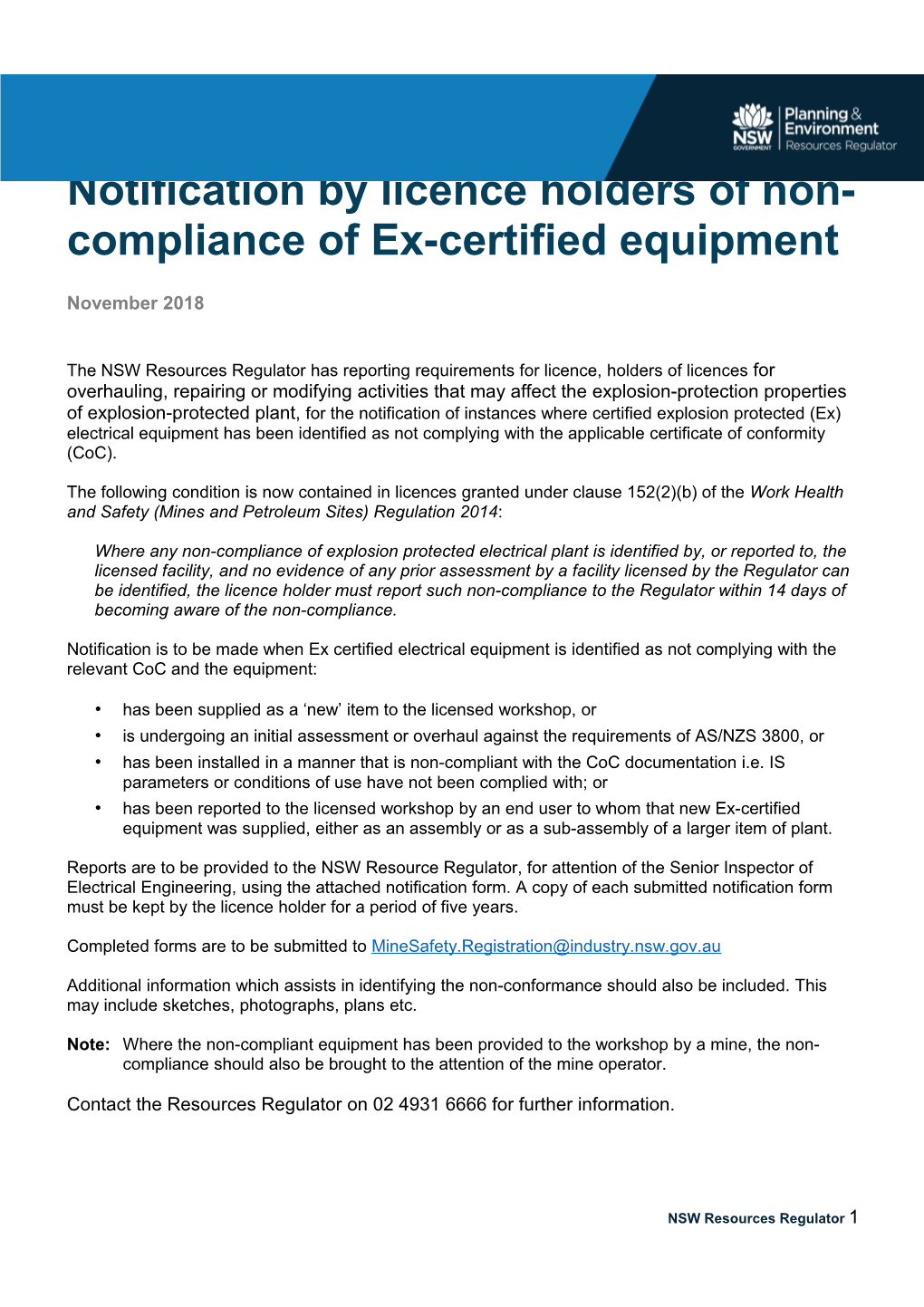 Notification by Licence Holders of Non-Compliance of Ex-Certified Equipment