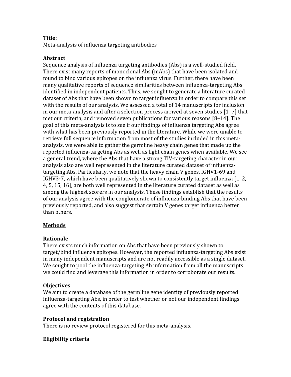 Meta-Analysis of Influenza Targeting Antibodies