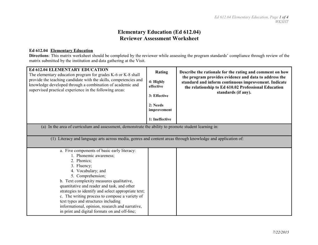 Ed 612.04 Elementary Education, Page1 of 4