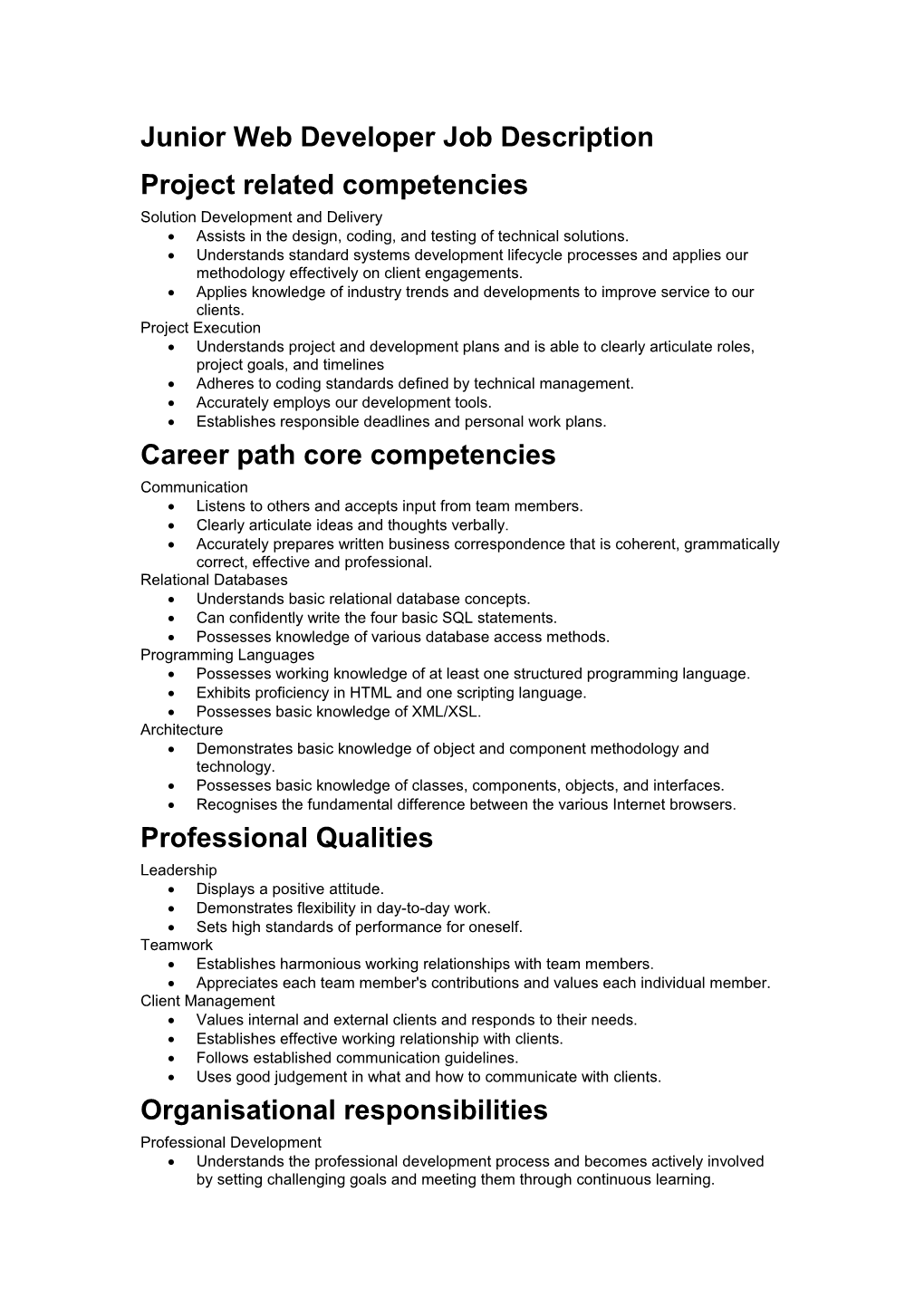 Junior Web Developer Job Description