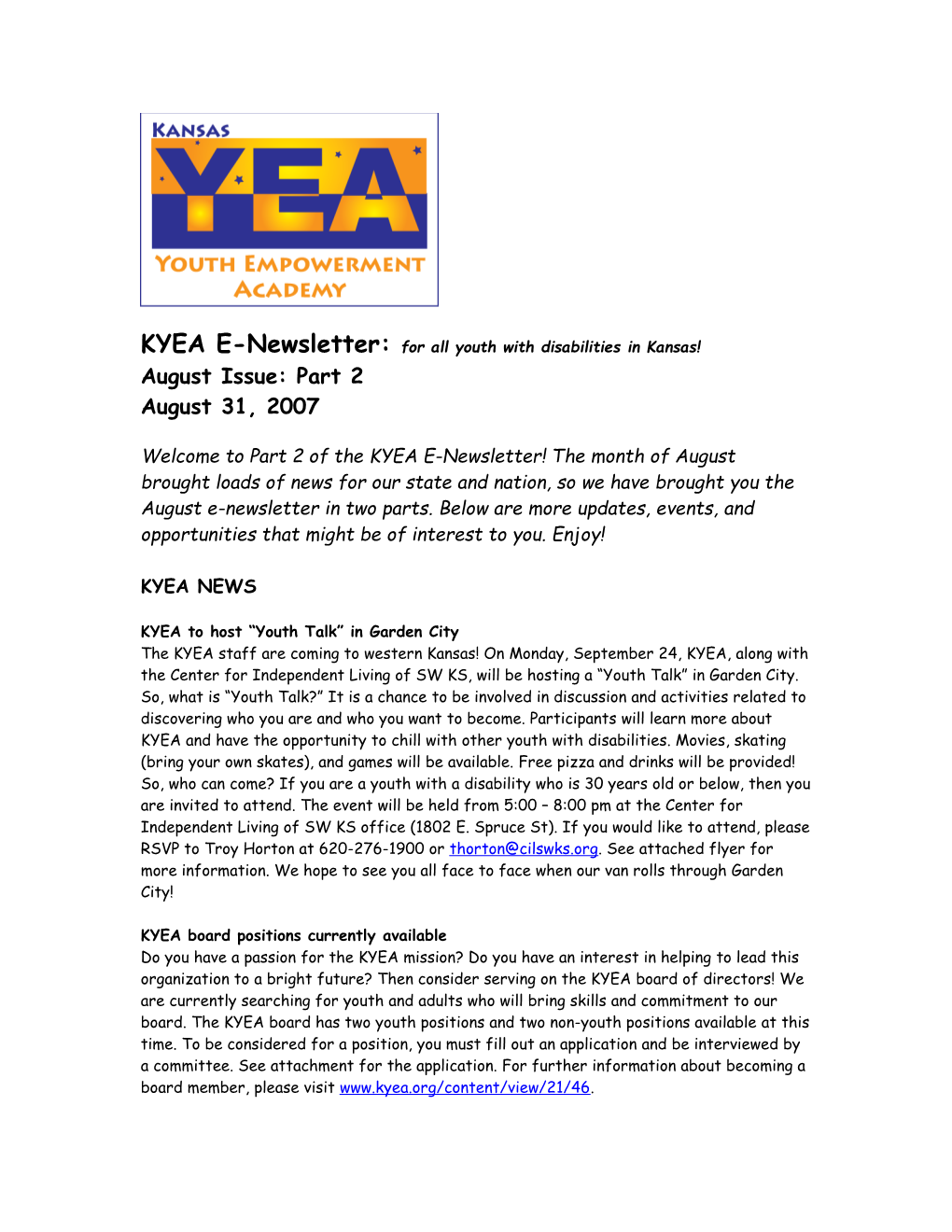 KYEA E-Newsletter:For All Youth with Disabilities in Kansas!
