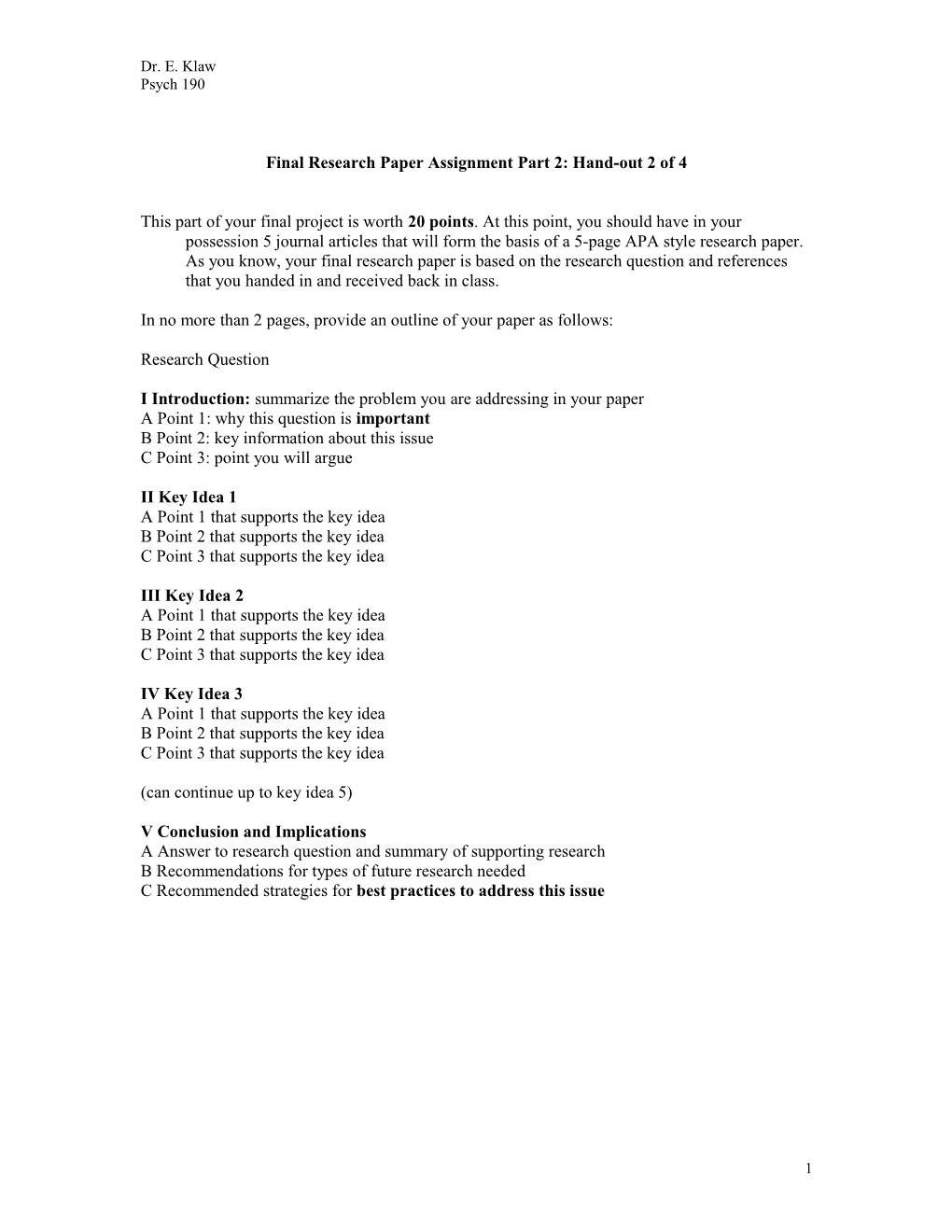 Final Research Paper Assignment Part 2: Hand-Out 2 of 5