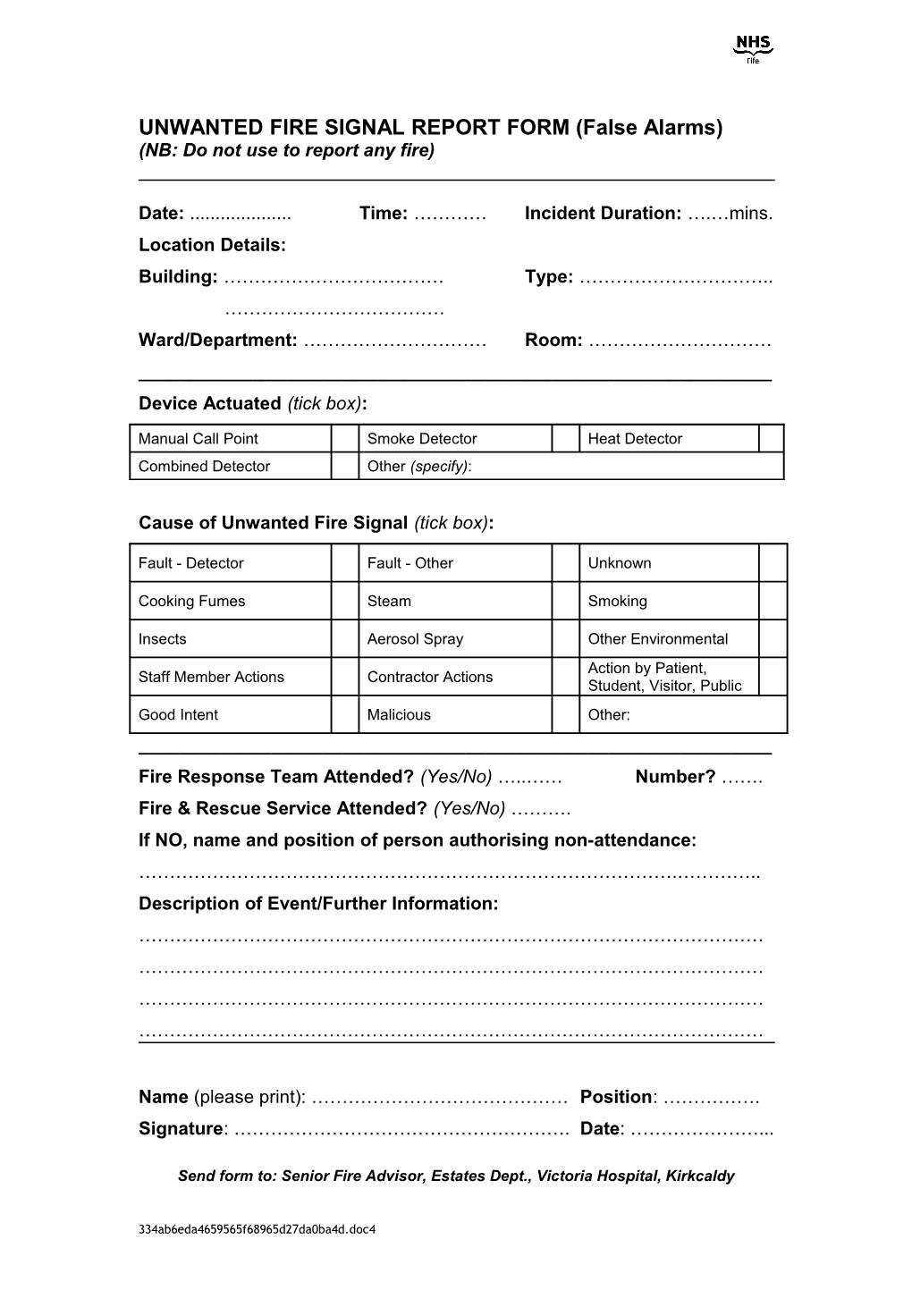 Unwanted Fire Signal Report Form