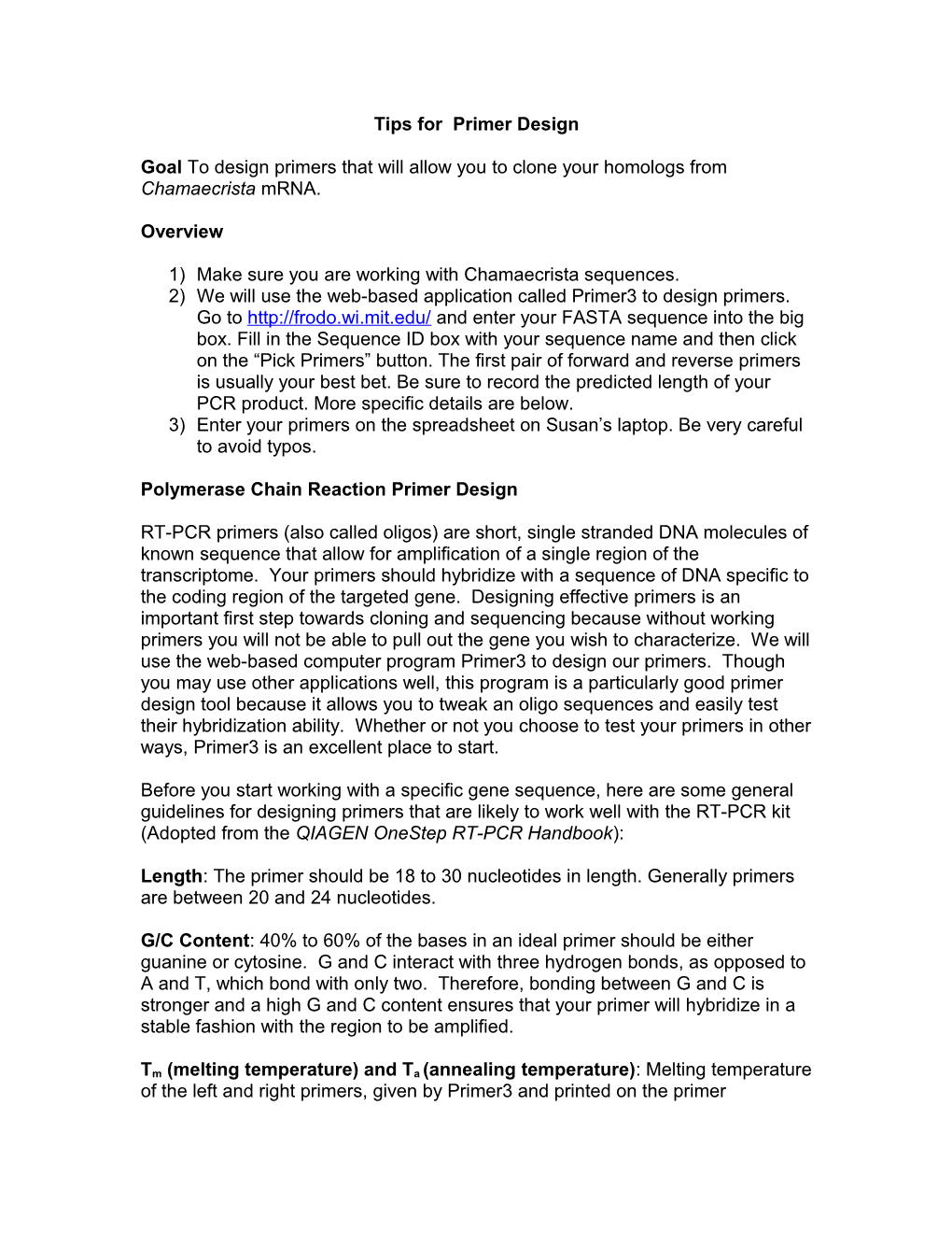 Polymerase Chain Reaction Primer Design