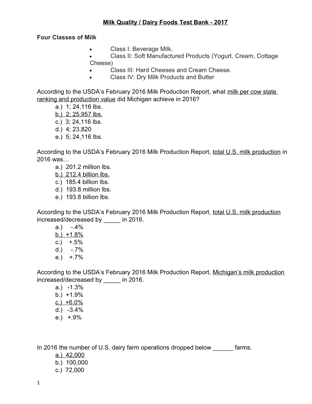 Milk Quality / Dairy Foods Test Bank - 2017