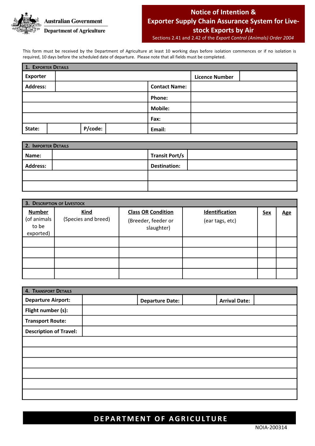 This Is the Appropriate Form If You Are Submitting a Notice of Intention to Export Live