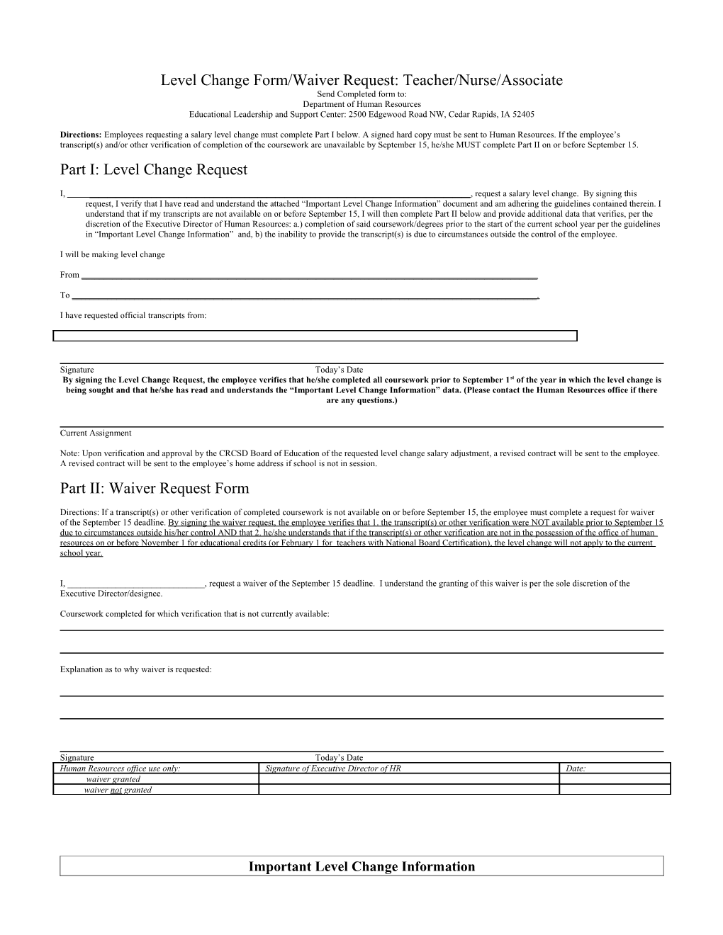 Level Change Form/Waiver Request: Teacher/Nurse/Associate