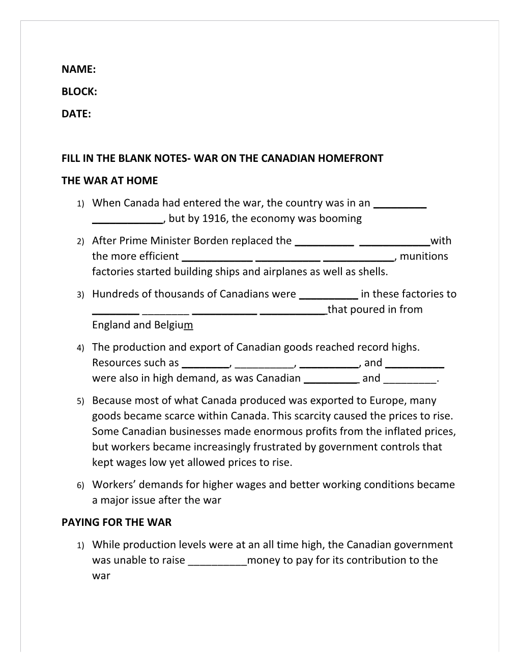 Fill in the Blank Notes- War on the Canadian Homefront