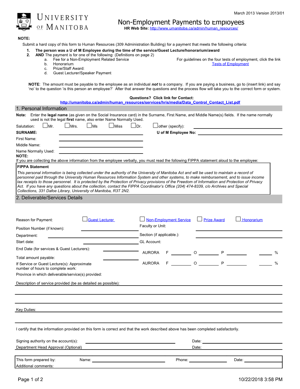 Submit a Hard Copy of This Form to Human Resources(309 Administration Building) for a Payment