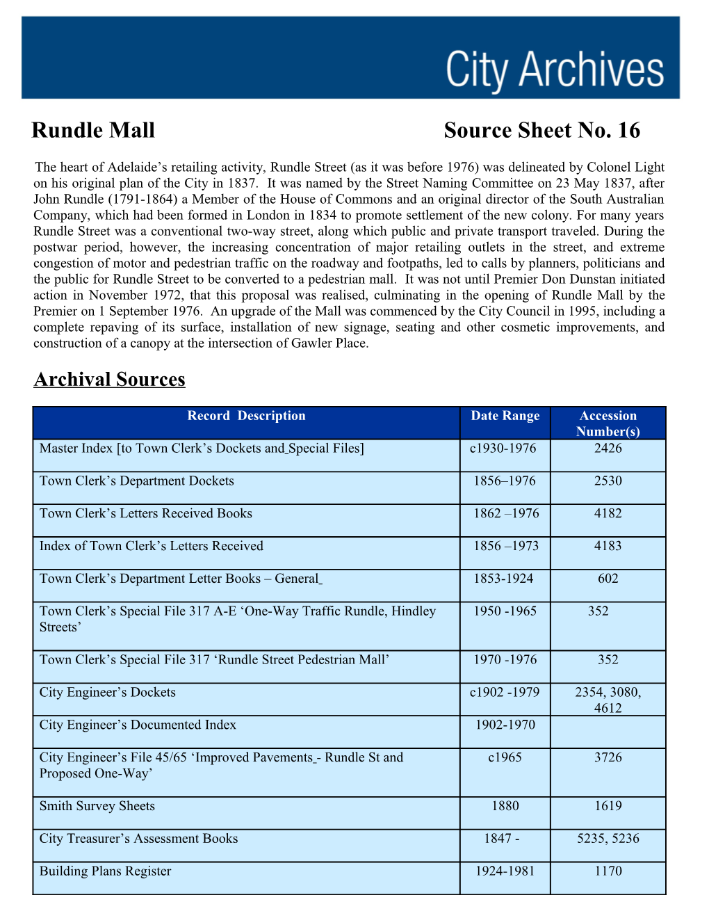 Rundle Mall Source Sheet No. 16
