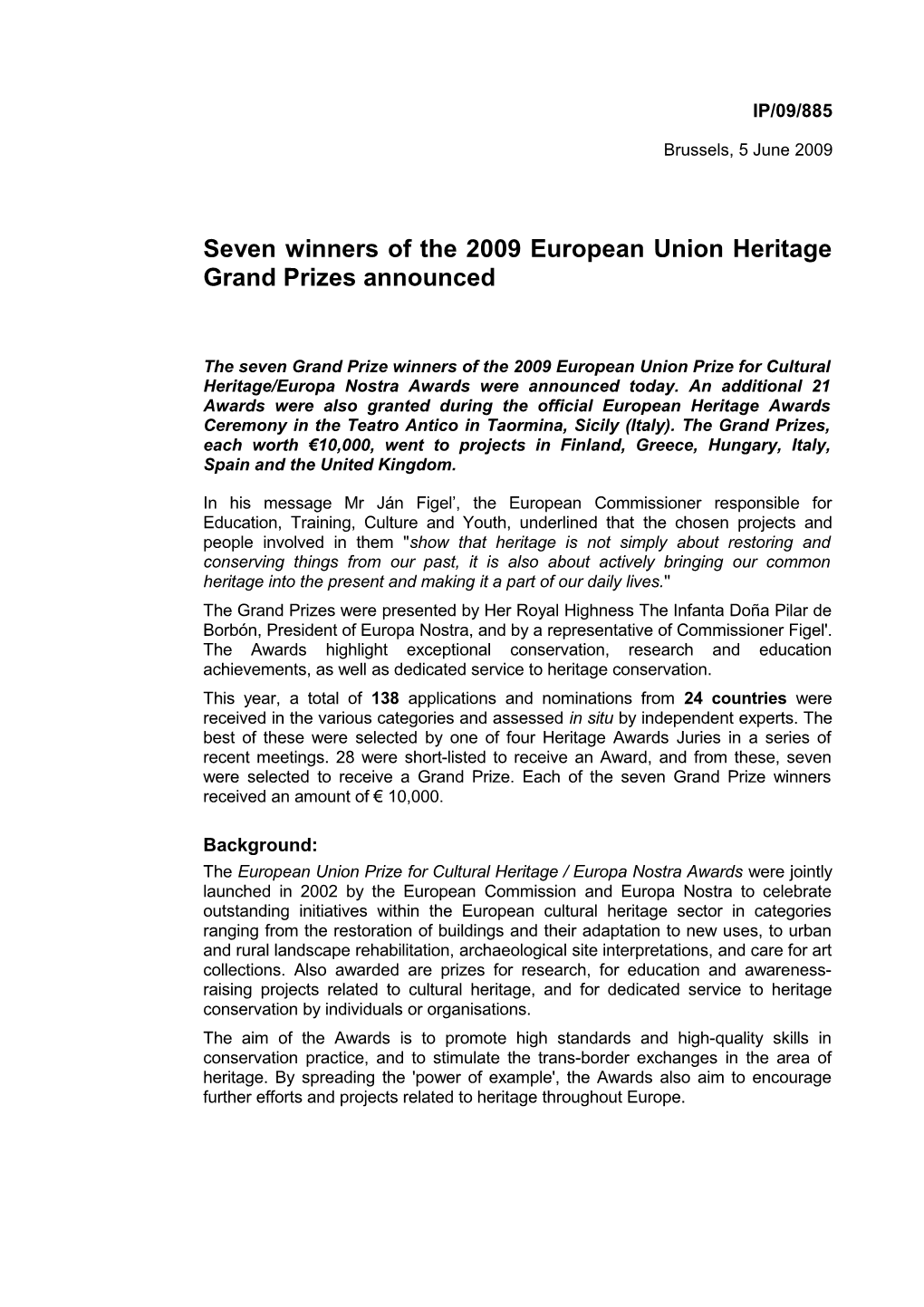 Seven Winners of the 2009 European Union Heritage Grand Prizes Announced