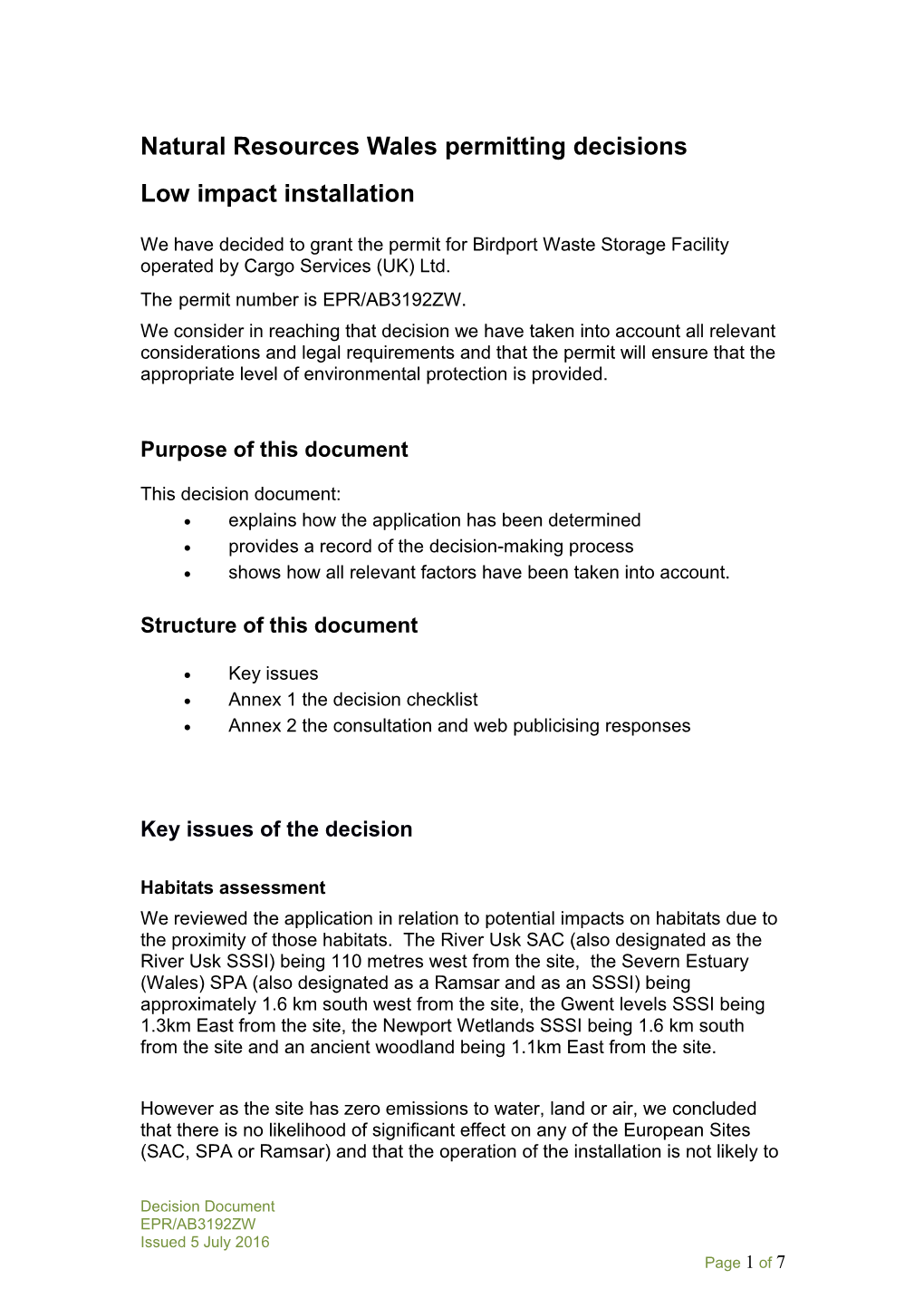 AB3192ZW Cargo Services Decision Document