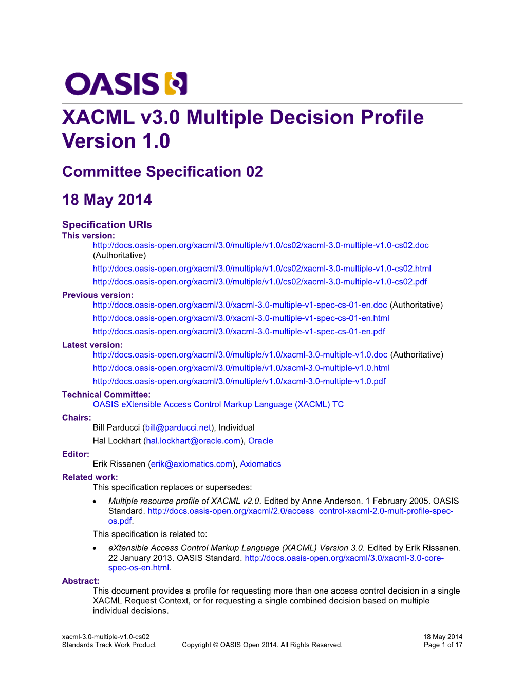 XACML V3.0 Multiple Decision Profile Version 1.0