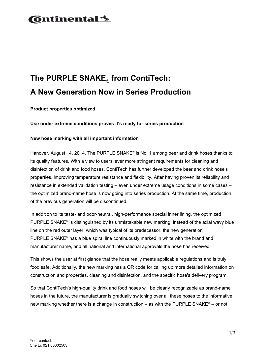 The Purple Snake from Contitech: a New Generation Now in Series Production