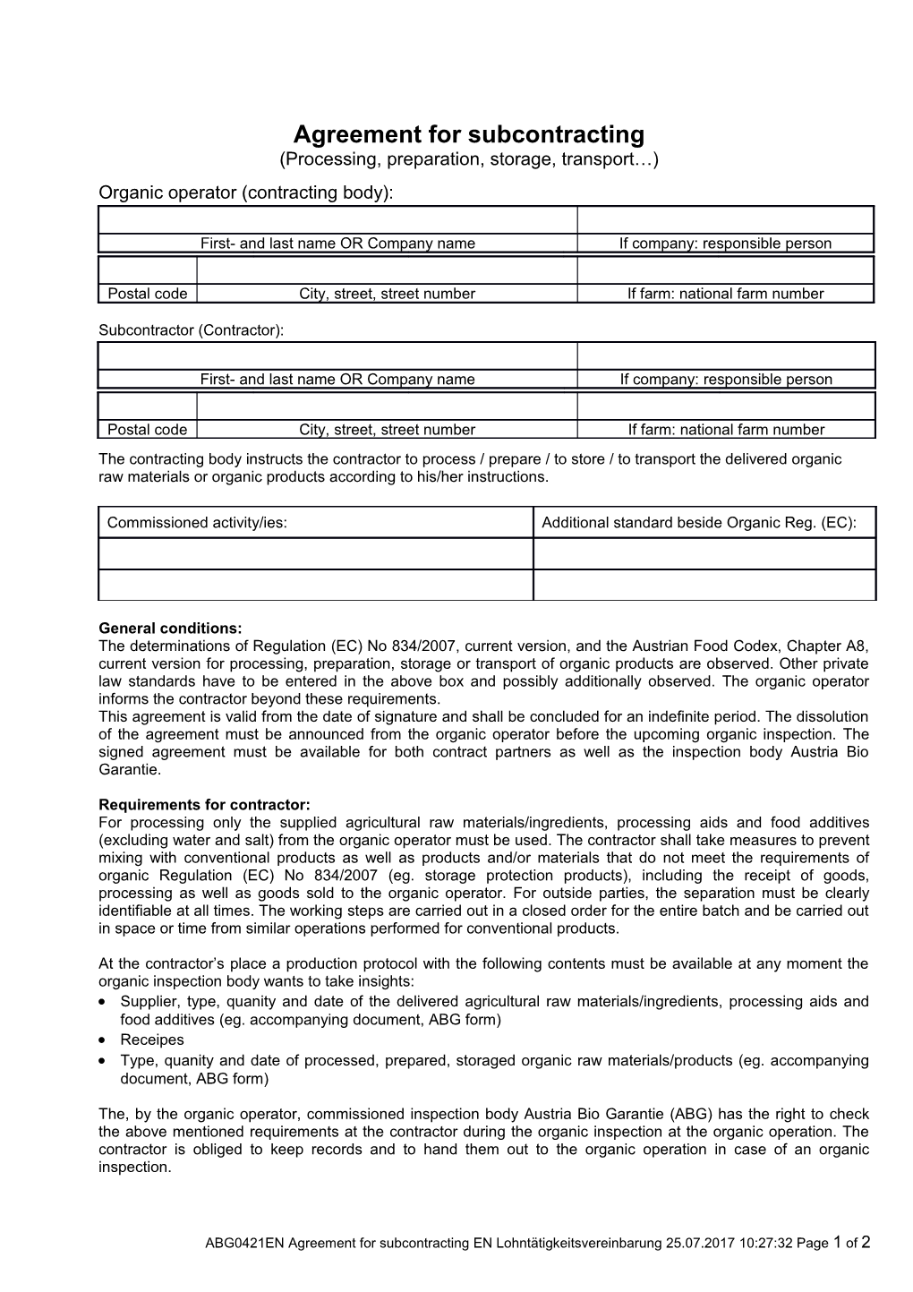 Agreement for Subcontracting EN Lohntätigkeitsvereinbarung