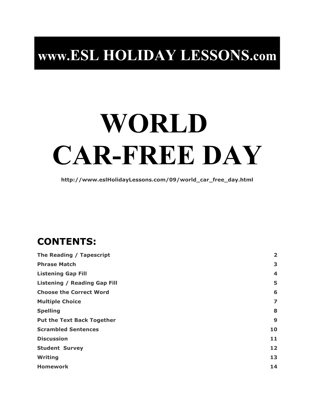 Holiday Lessons - World Car-Free Day
