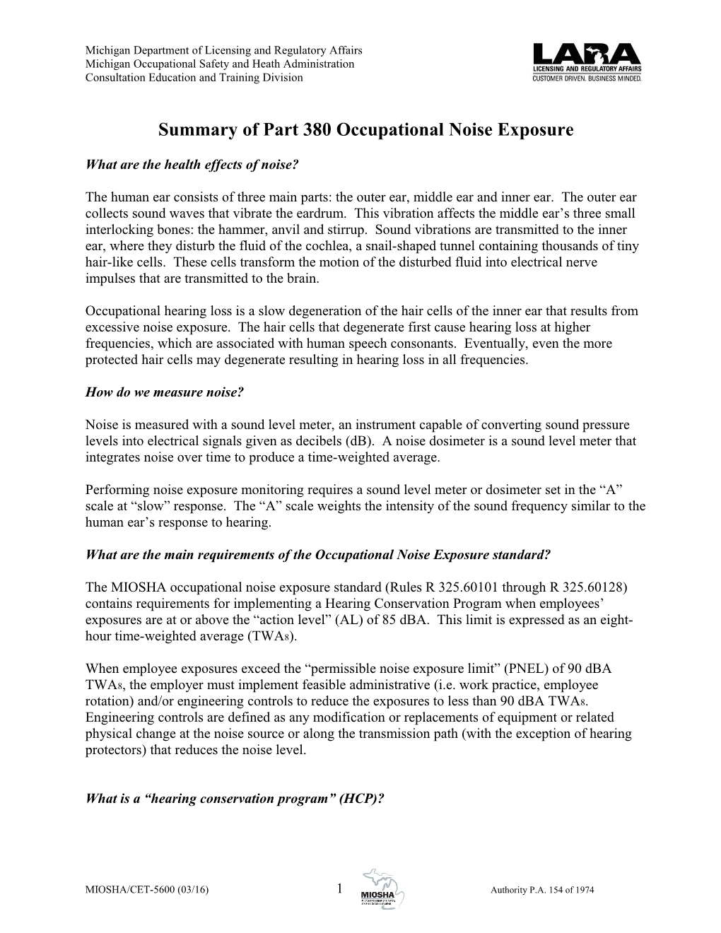Summary of Part 380 Occupational Noise Exposure