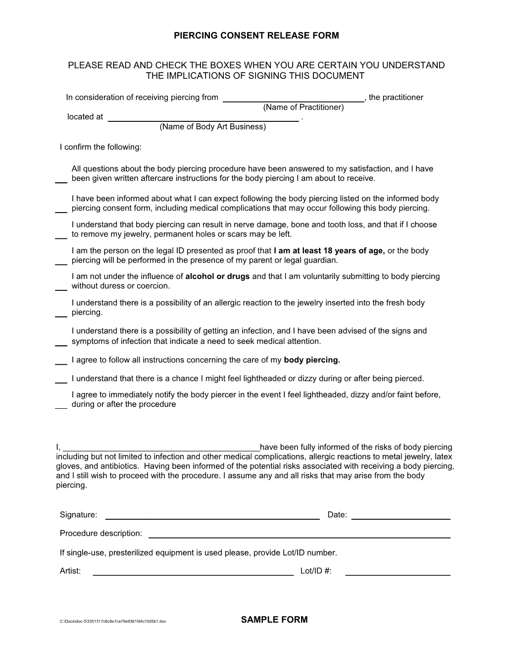 Piercing Consent Release Form