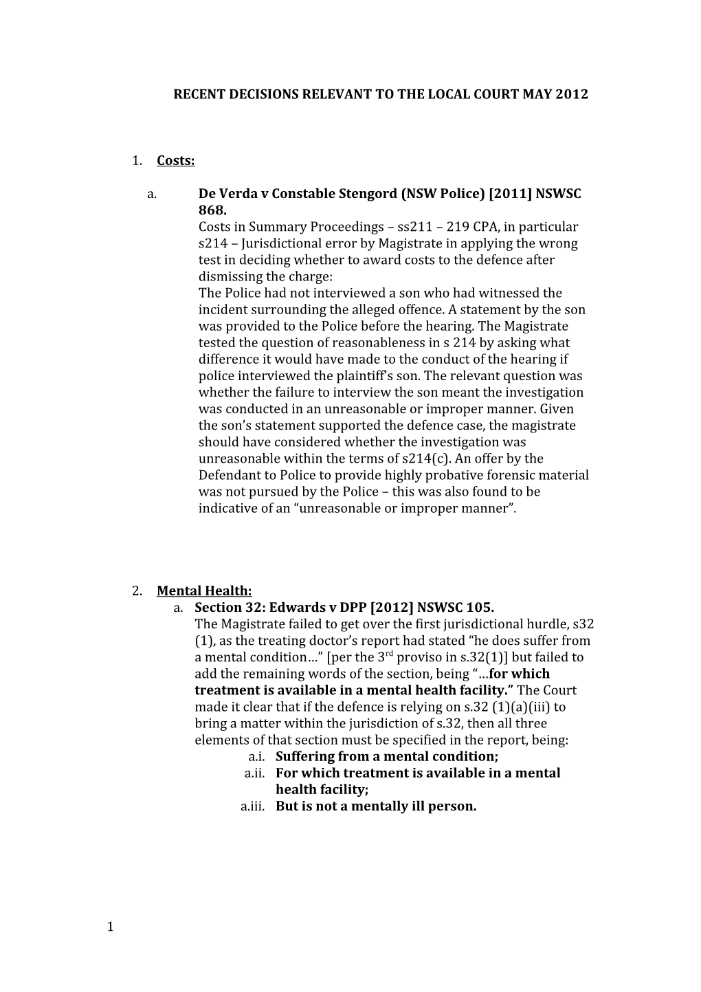 Recent Decisions Relevant to the Local Court May 2012