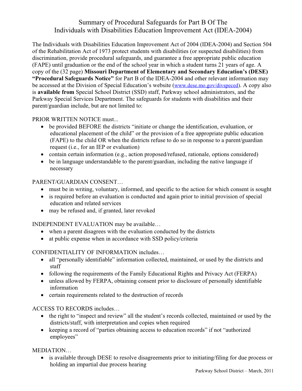 Summary of Procedural Safeguards for Part B of The