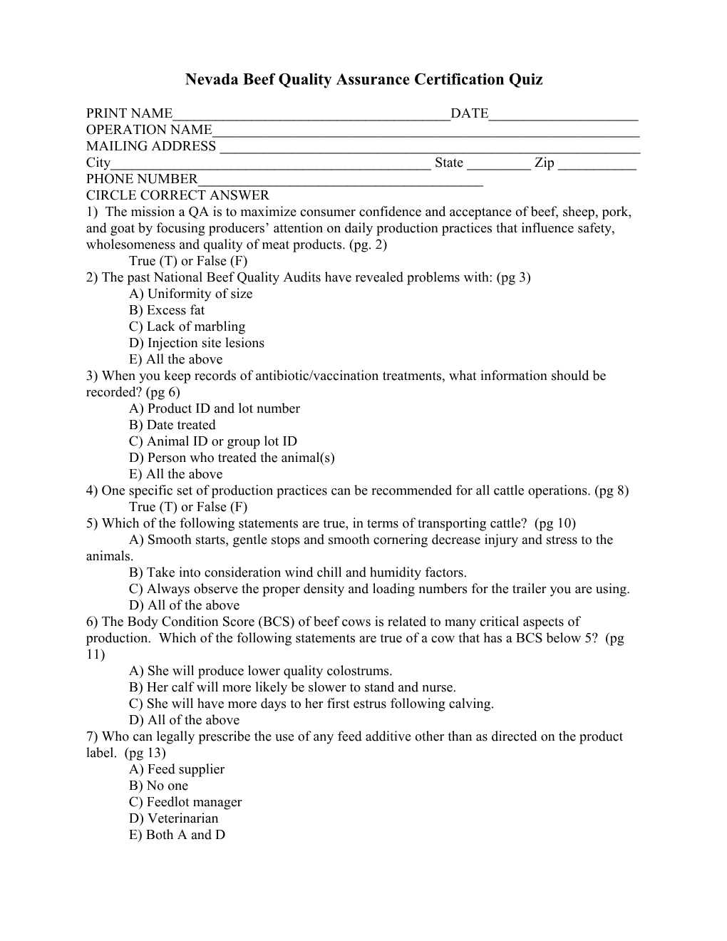 Nevada S Beef Quality Assurance Quiz