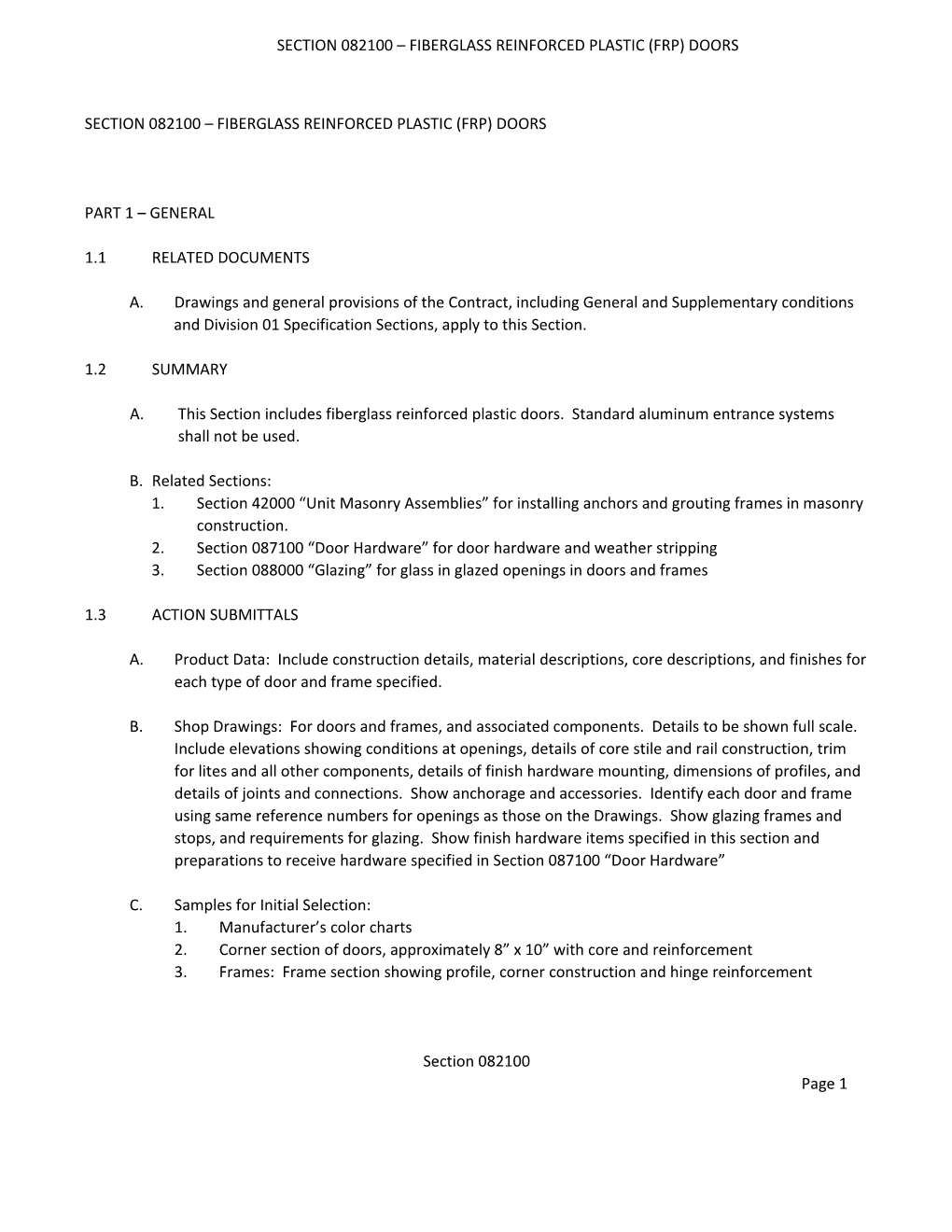 Section 082100 Fiberglass Reinforced Plastic (Frp) Doors