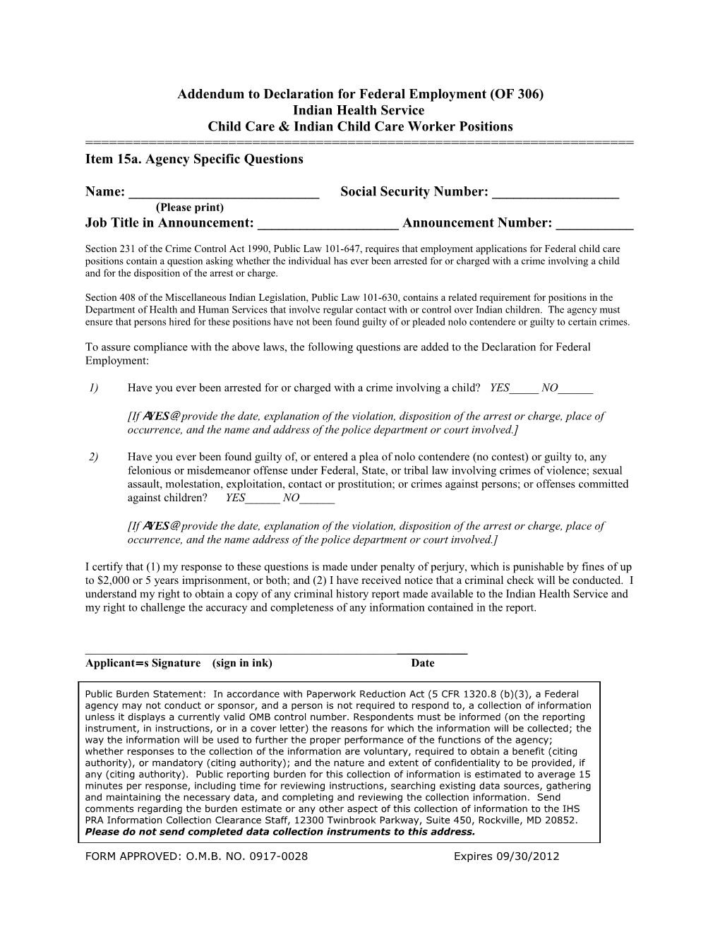 Addendum to Declaration for Federal Employment (OF 306)