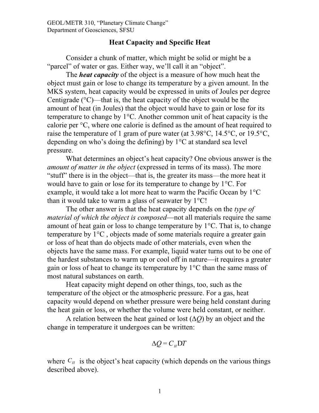 Heat Capacity and Specific Heat