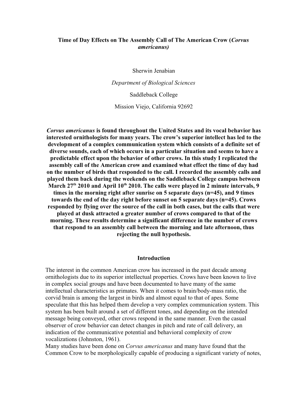 Time of Day Effects on the Assembly Call of the American Crow (Corvus Americanus)