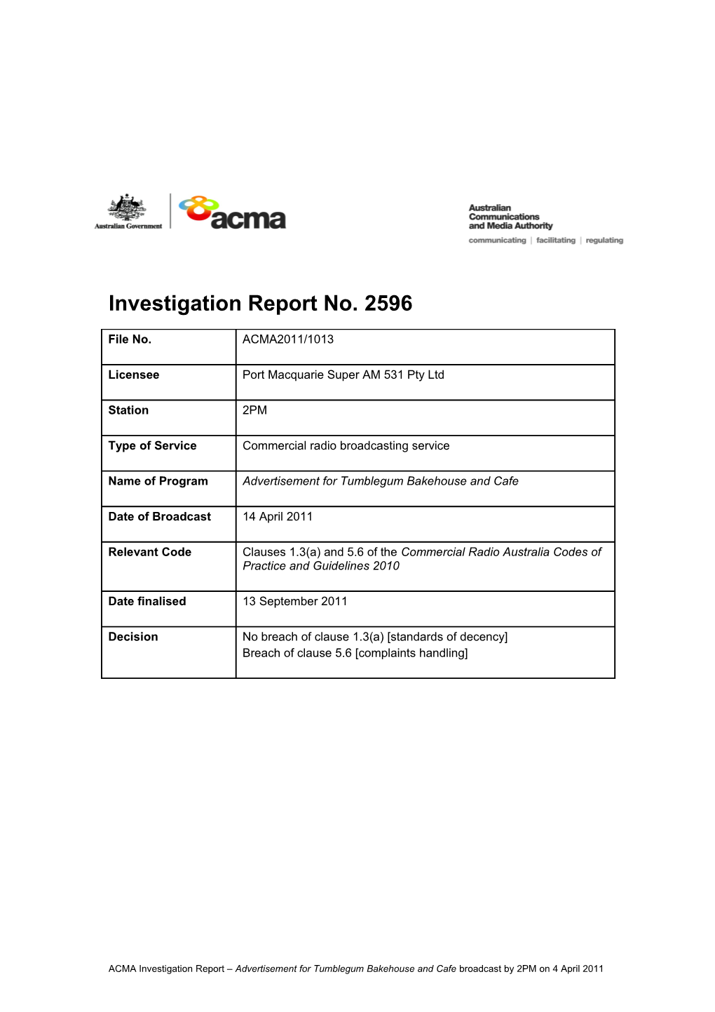 2PM - ACMA Investigation Report 2596