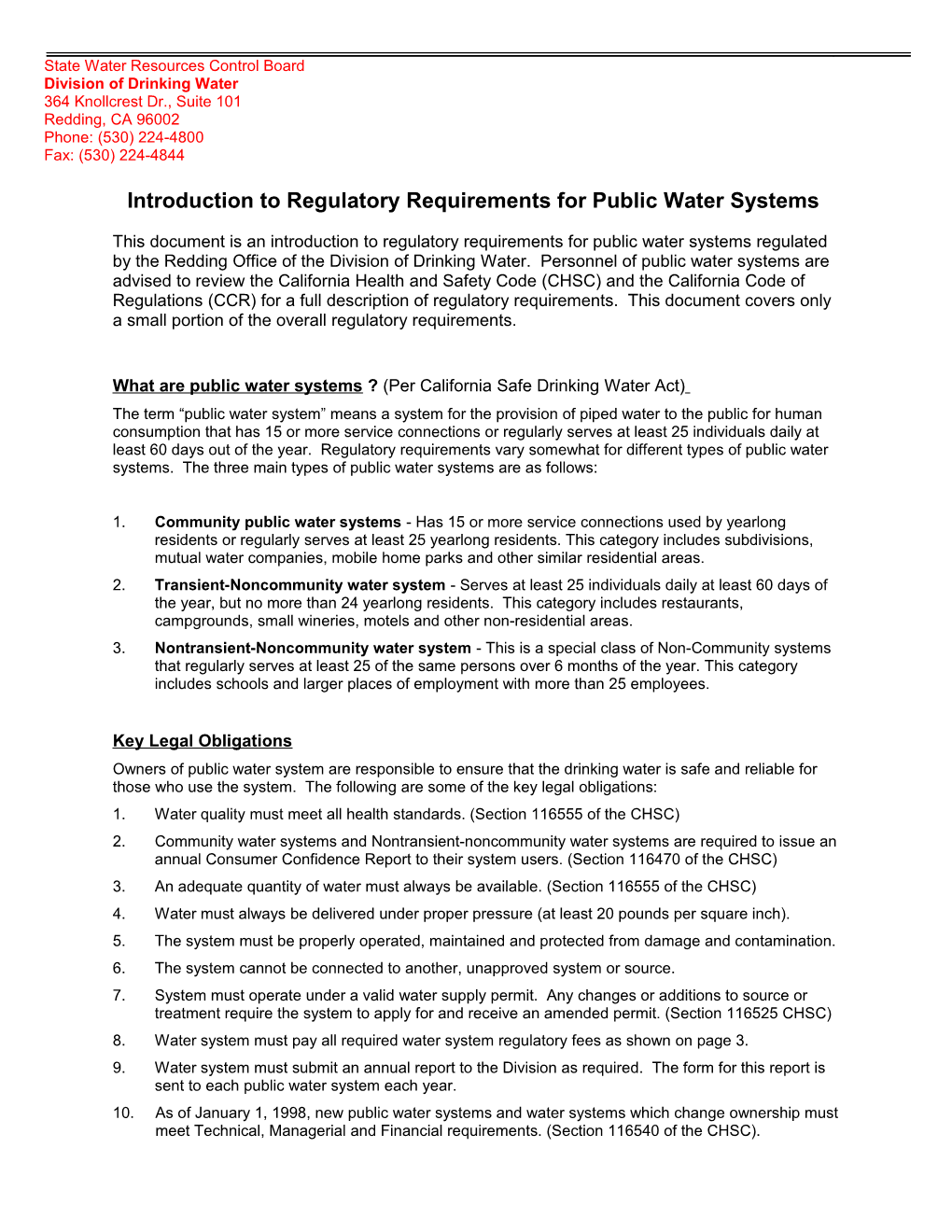 Public Water System Regulatory Requirements