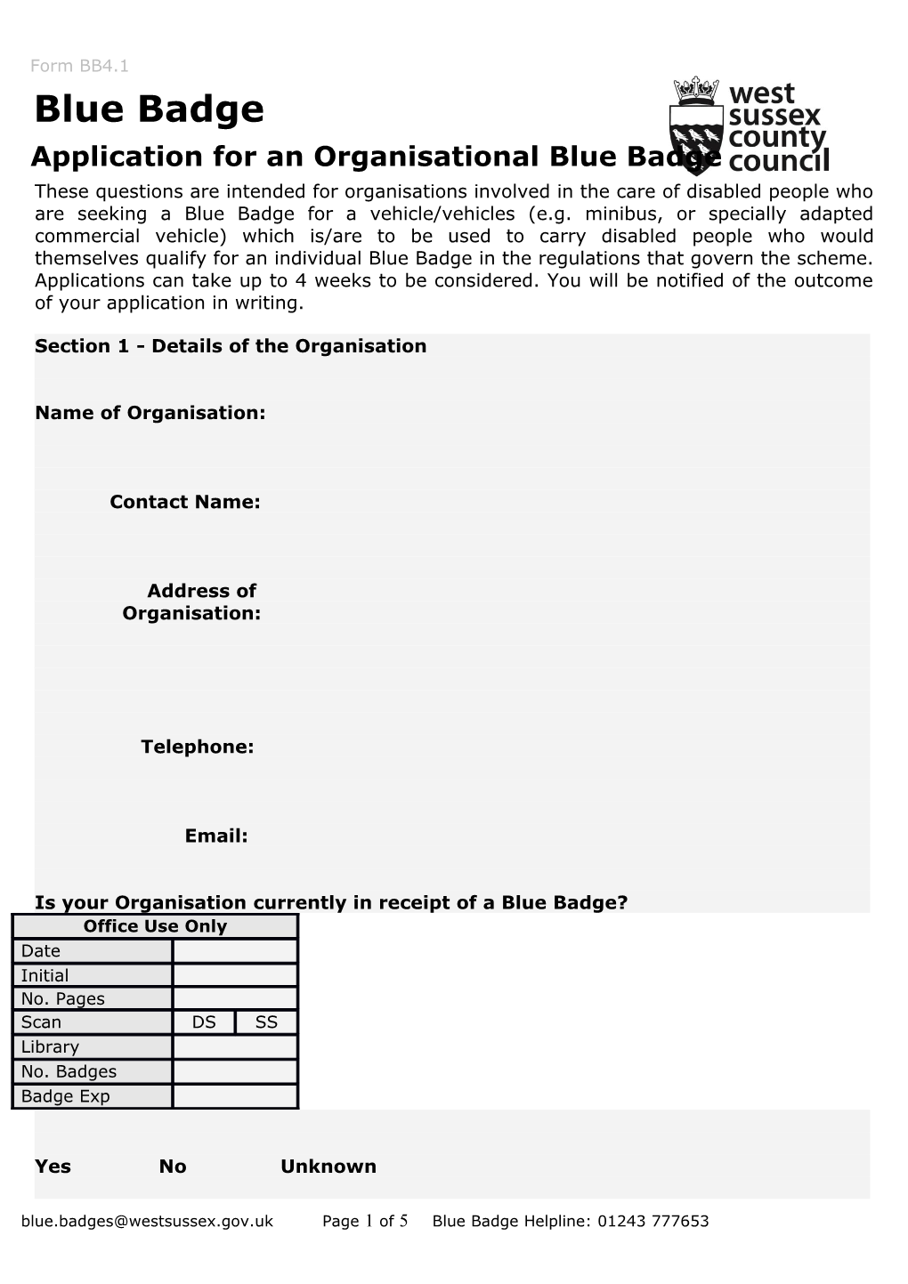 Blue Badge Organisation Application Form
