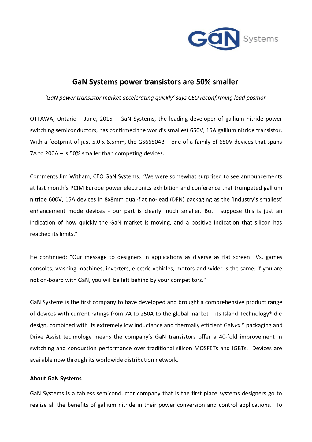 Gan Systems Power Transistors Are 50% Smaller