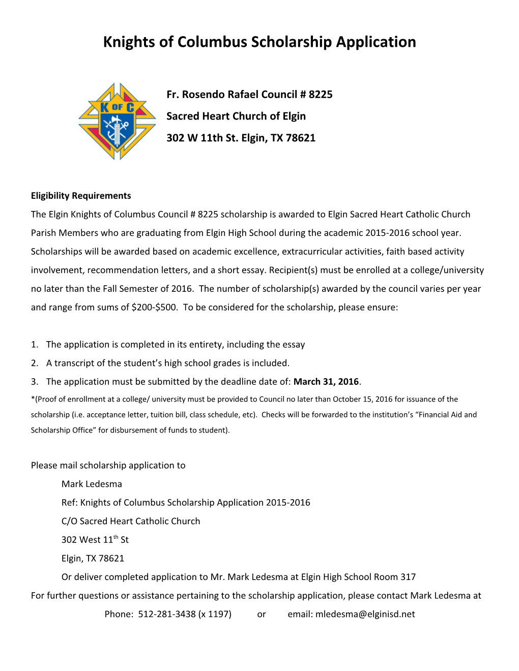 Knights of Columbus Scholarship Application