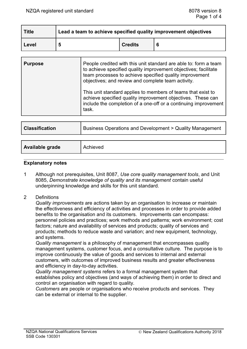 8078 Lead a Team to Achieve Specified Quality Improvement Objectives