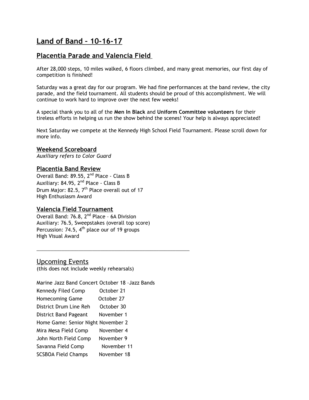 Land of Band 10-16-17 Placentia Parade and Valencia Field After 28,000 Steps, 10 Miles