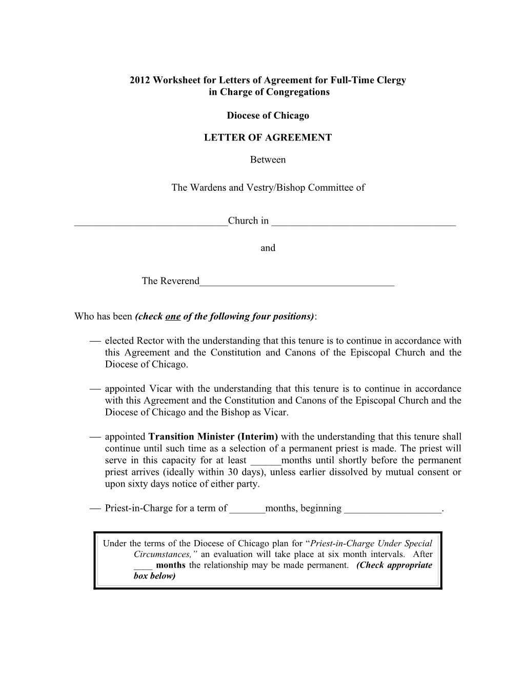 Worksheet for Letters of Agreement for Clergy in Charge of Congregations