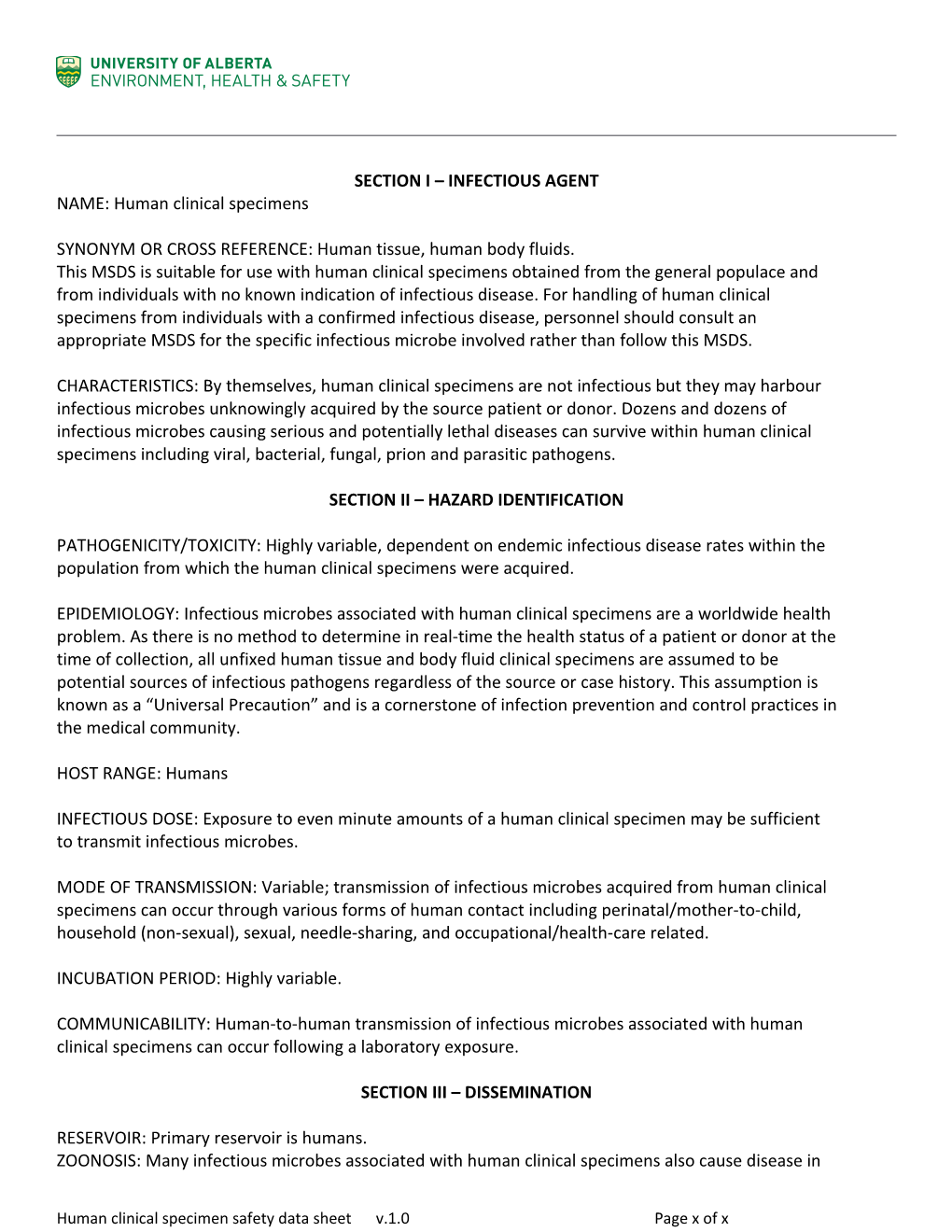 Human Clinical Specimen Safety Dateasheet