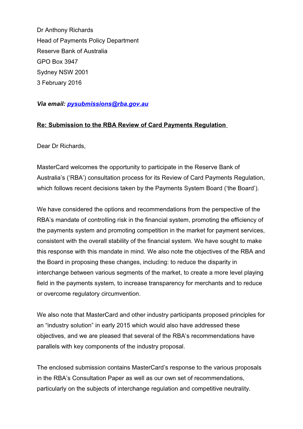 Re: Submission to the RBA Review of Card Payments Regulation