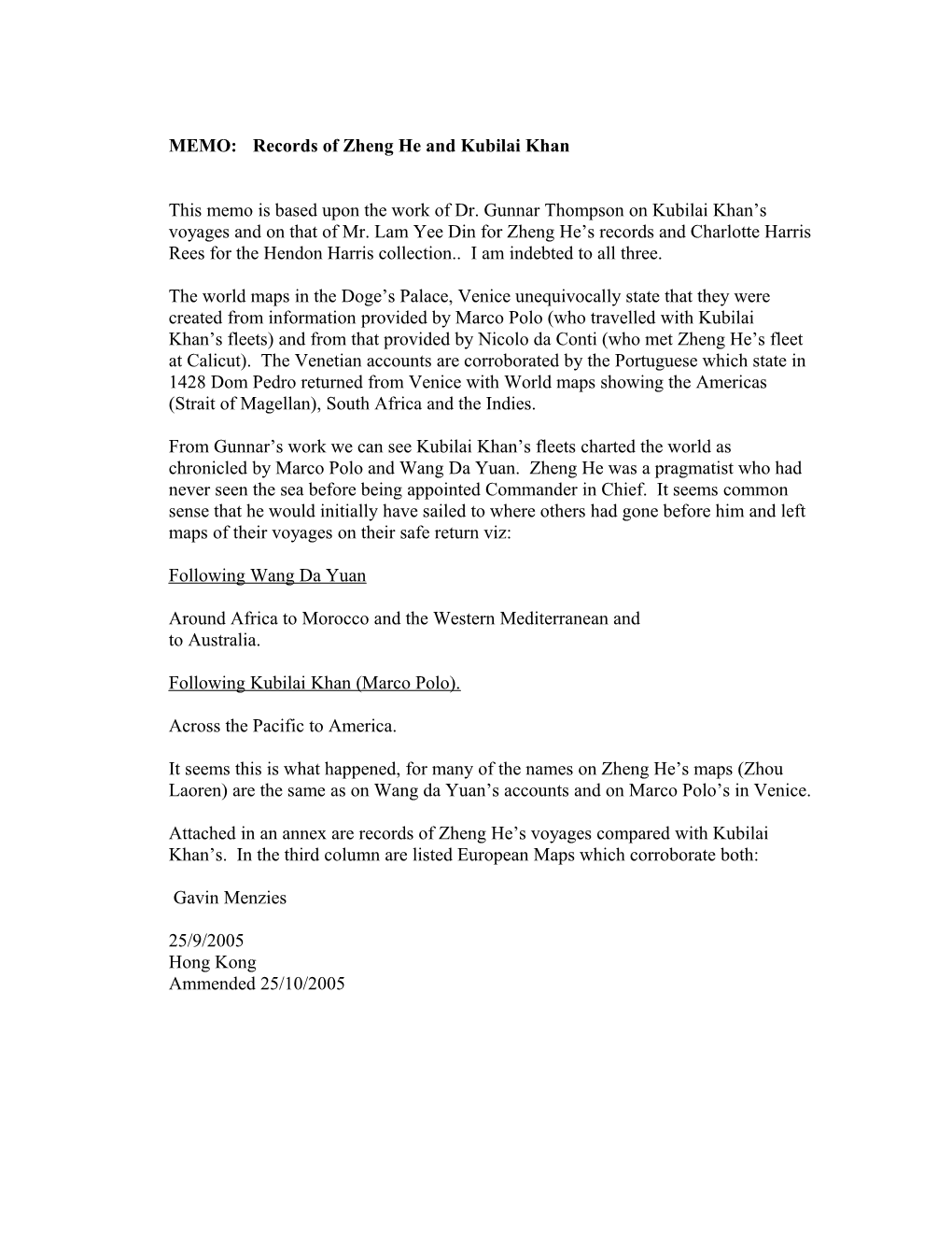 MEMO:Records of Zheng He and Kubilai Khan