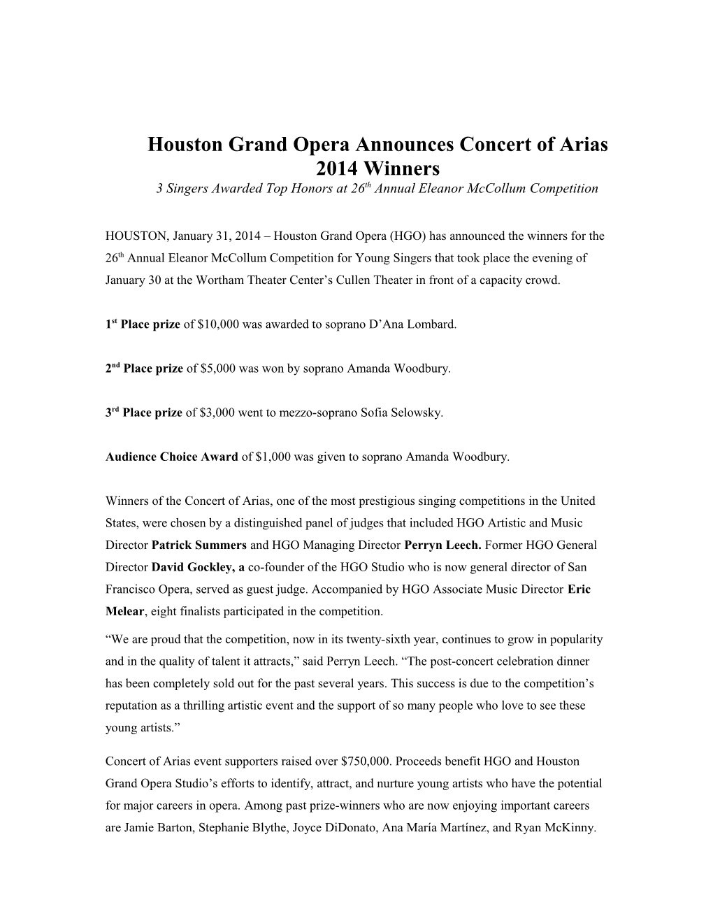 Houston Grand Opera Announces Concert of Arias 2014 Winners