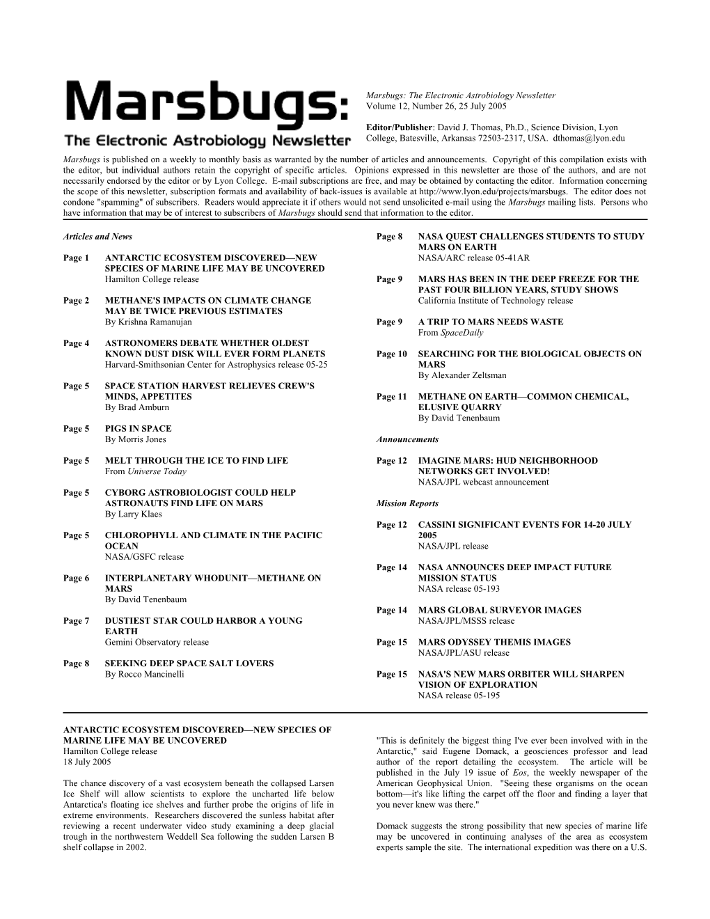 Marsbugs: the Electronic Astrobiology Newsletter , Volume 12, Number 26, 25 July 2005