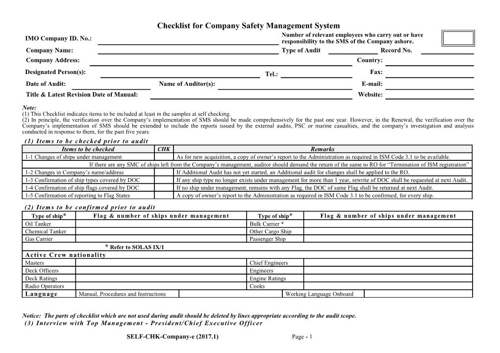 Checklist for Company Safety Management System